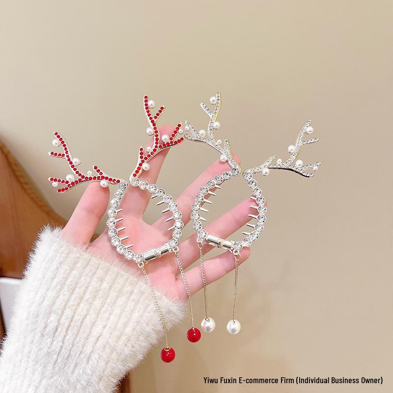 Elegant Christmas Reindeer Antler Hair Clip with Tassels - High Ponytail Styling Claw Clip