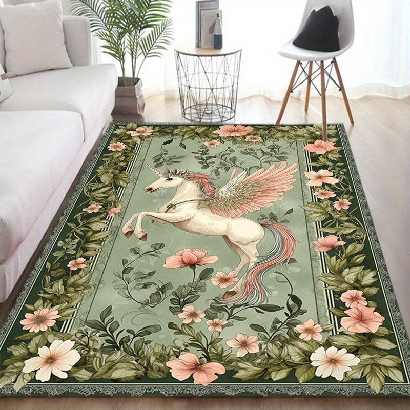 Magisches Einhorn Pflanze Floral Teppich Teppiche für Wohnzimmer Schlafzimmer Bettseite Weicher Teppich Lounge Rutschfeste Bodenmatte Küche Eingang Fußmatte