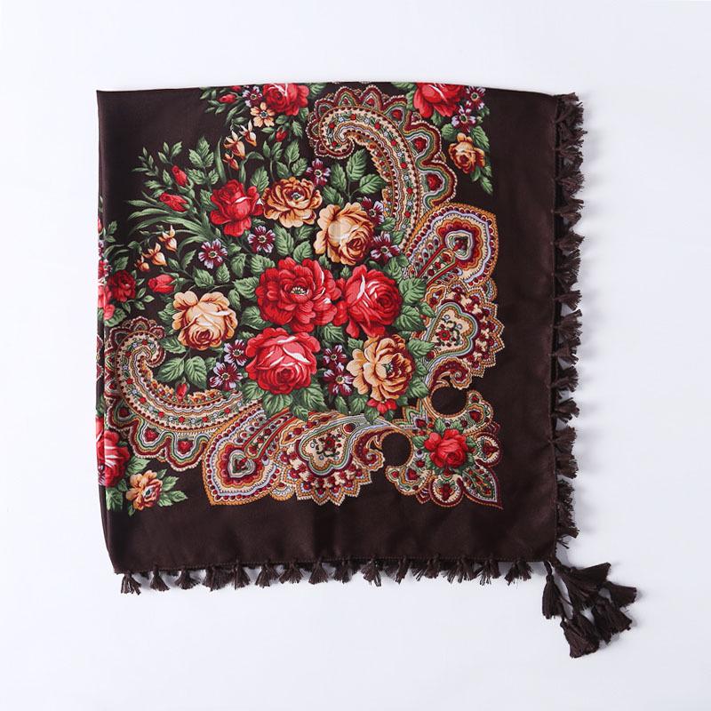 90*90CM Women Russian Style Peony Floral Printed Long Tassel Large Square Scarf Warm Wrap Traditional Ethnic Mexican Shawl