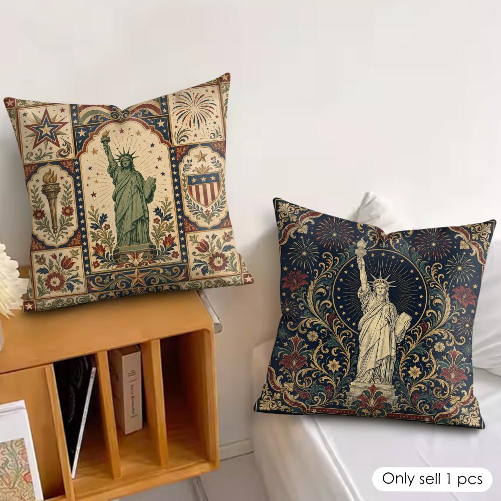Patriotic Statue Of Liberty Cushion Cover Double-Sided Plush Sofa Cushion Covers Organic Breathable Invisible Zipper