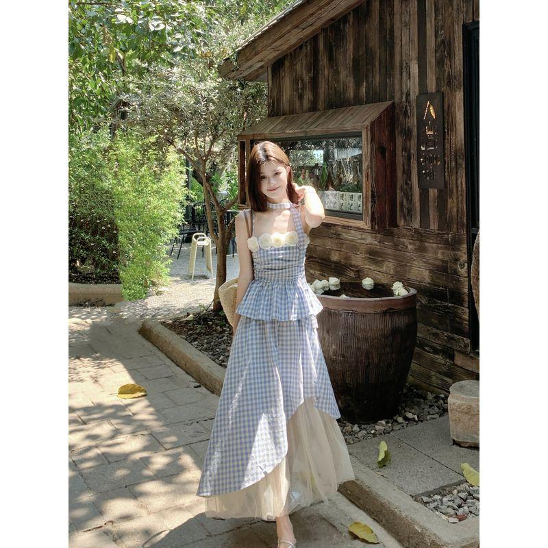 Kumikumi Sweet Style Three-Dimensional Flowers Cami Women Summer High Waist Mesh Patchwork Skirt Two-piece Set