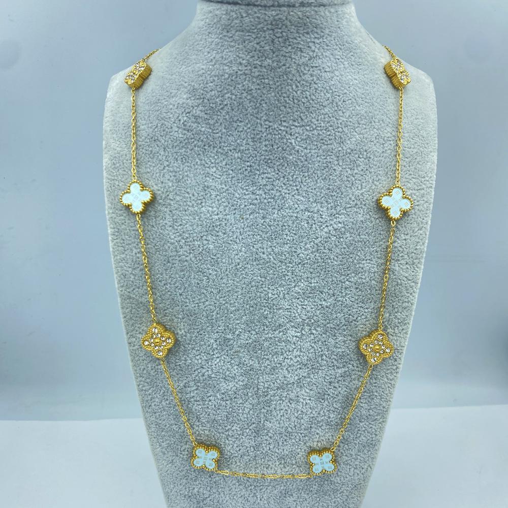 Acier Titane 13MM 60+5CM 10 Fleurs Double Face Trèfle à Quatre Feuilles Porte-Bonheur Collier pour Dames