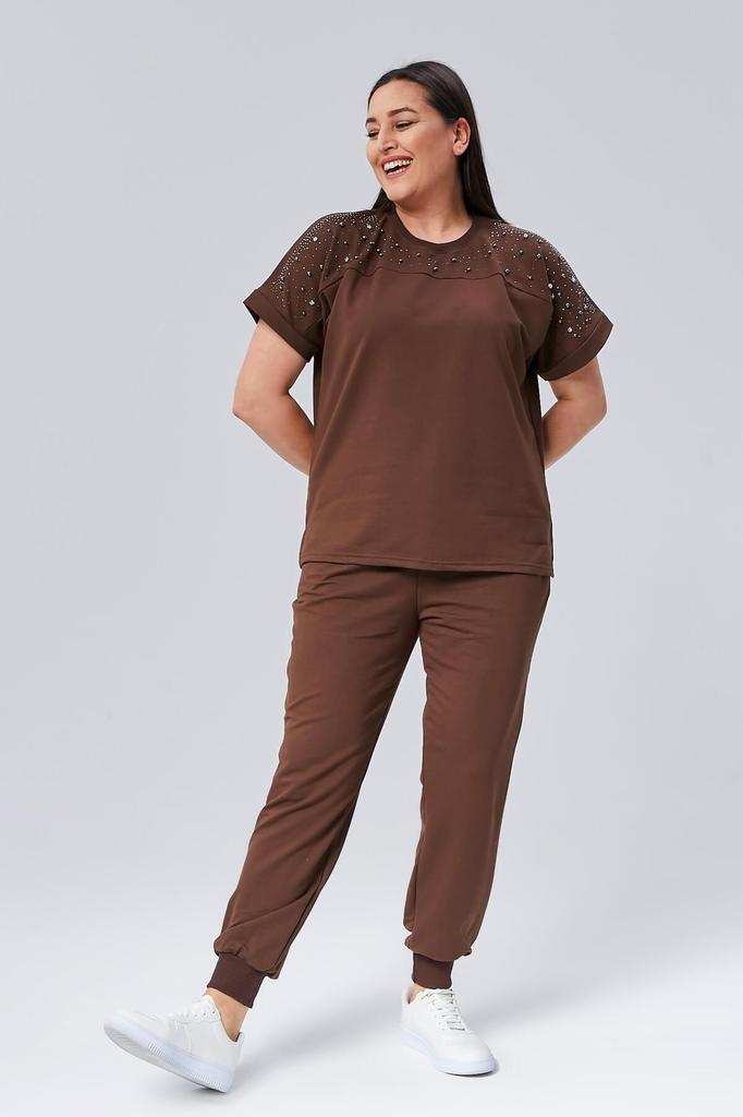 Set de trening de marime mari la moda pentru dama Set de trening de vara verde cu maneca scurta, detaliat cu piatra si margele