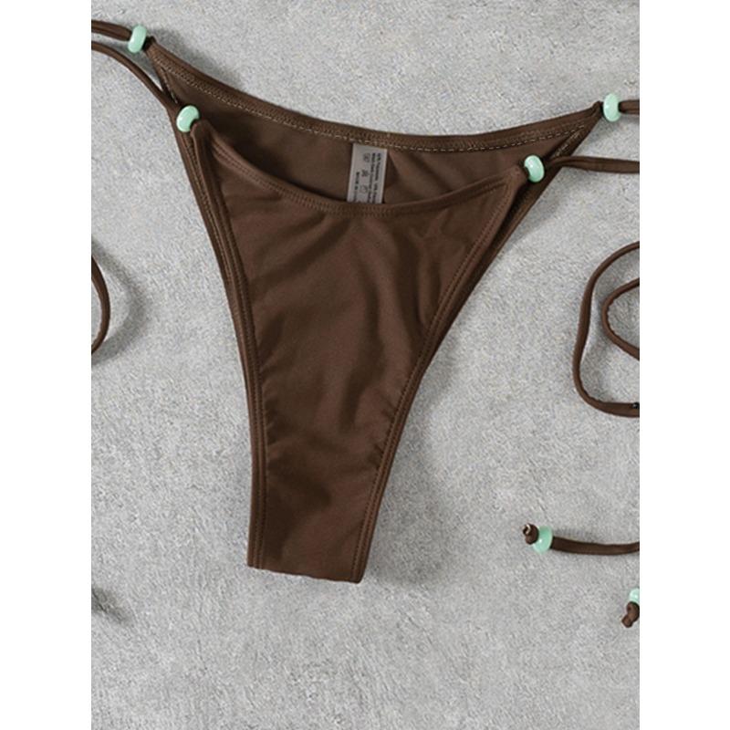 Women's Solid Color Beaded Lace-Up Bikini Set, Sexy Two-Piece Swimwear