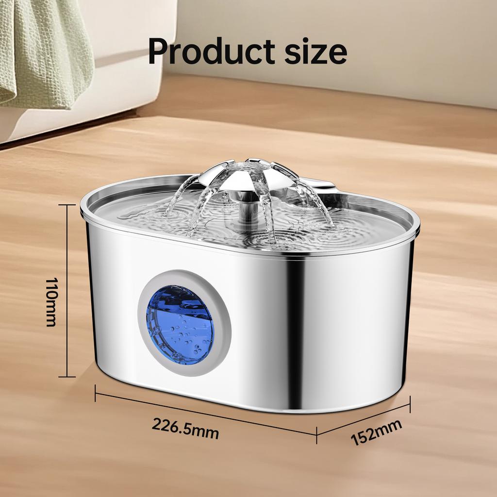 2.2L Dog Fountain Stainless Steel Automatic Pet Drinker With Filter Quiet Indoor Animal Watering Fountain