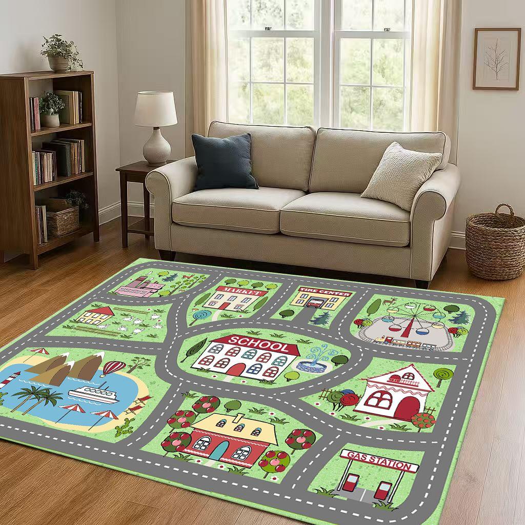 City Street Road Traffic Race Track Child Interaction Game Cartoon Living Room Kid Playroom Non-Slip Area Rug Carpet for Bedroom