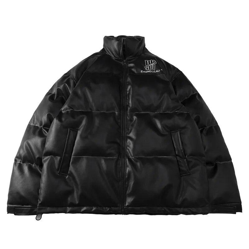 

2021 Men Hip Hop Oversize Padded Jacket Coat Streetwear PU Leather Embroidery Jacket Parka Cotton Harajuku Women Winter Outwear
