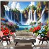 Tropical Waterfall Tapestry, Colorful Flower Nature Background Cloth, Bright Landscape Wall Decor