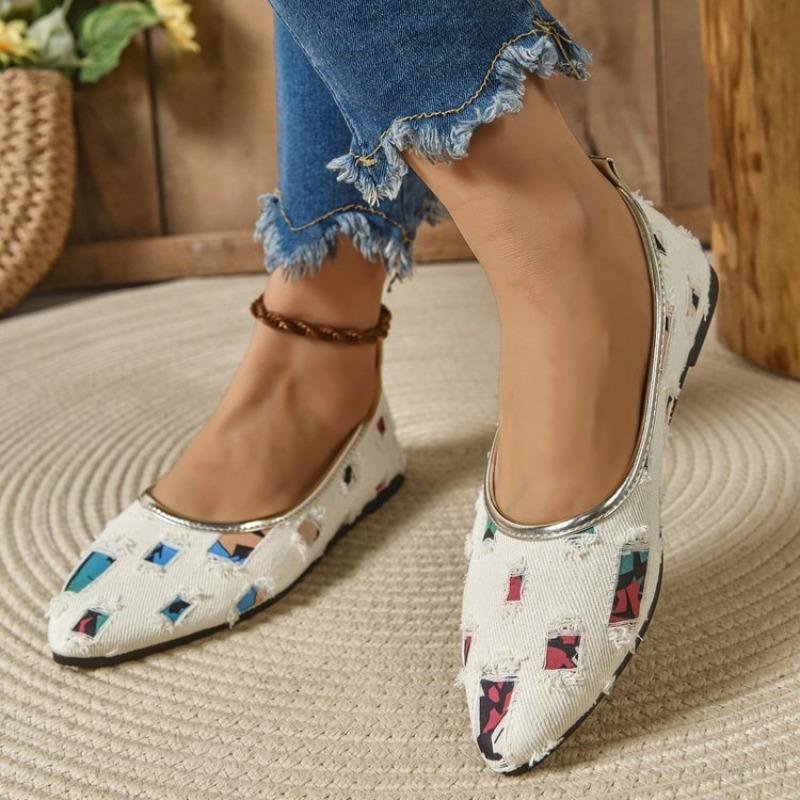 Summer New Single-shoe Women's Pointed Head Shallow Mouth Glitter Cloth Soft Sole Anti-slip Wear-resistant Flat Shoes