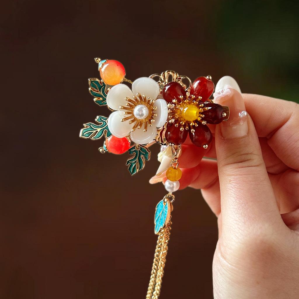 Pearl double flower hairpin female high-end exquisite hair accessories hairpin antique style headgear fringed hairpin clip duck bill clip