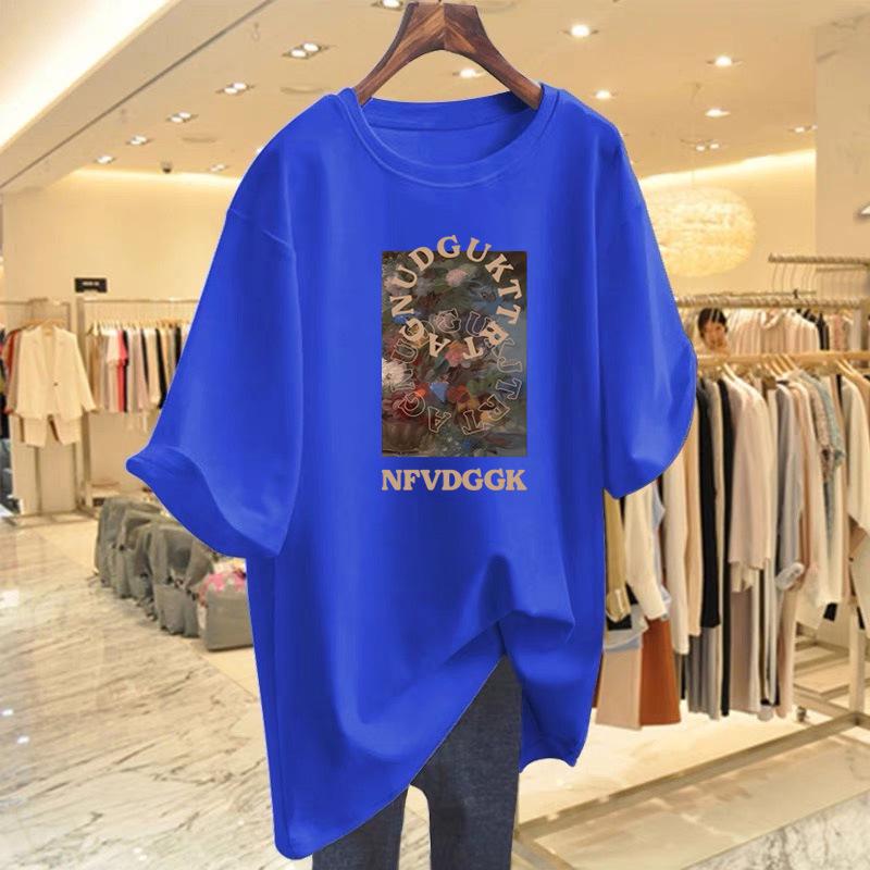 New Women's Summer White Cotton Printed Loose Round Neck Short Sleeve T-Shirt