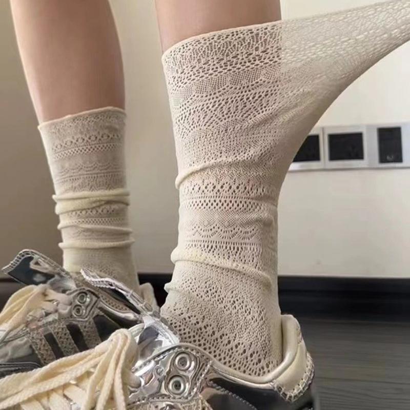 1 Pairs Women Lace Trimmed Knee High Socks Summer Hollow Out Design Lightweight Breathable Soft Comfortable Casual Socks