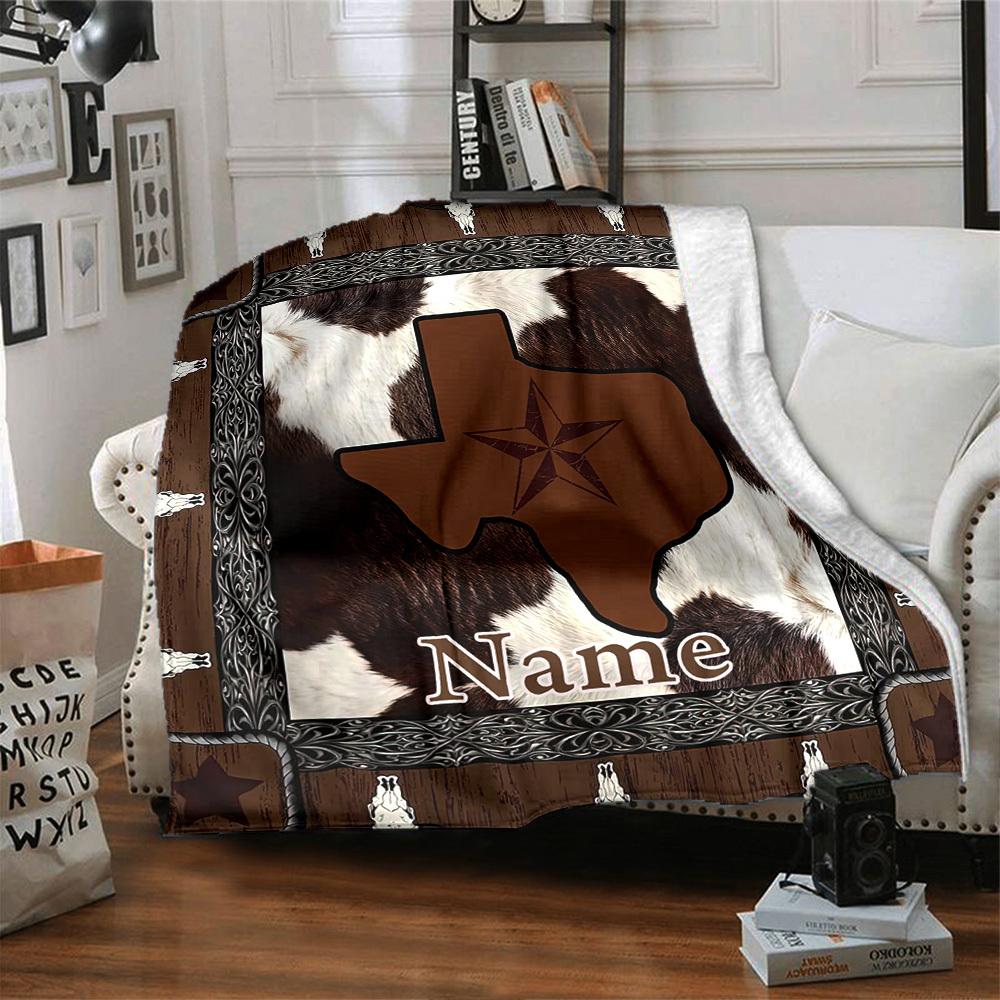 Texas State Cowhide Print Custom Name Blanket Comfortable Soft Lightweight Allseason Multipurpose Blanket For Picnics Sofas Offices Beds Living Rooms