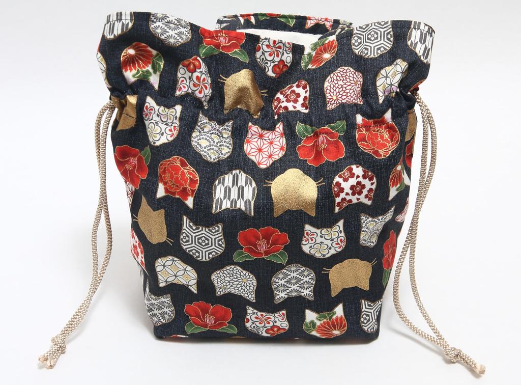 Hasegawa Cat Print Drawstring Bag with Made In Japan Handle, (Cat Silhouette/Black)