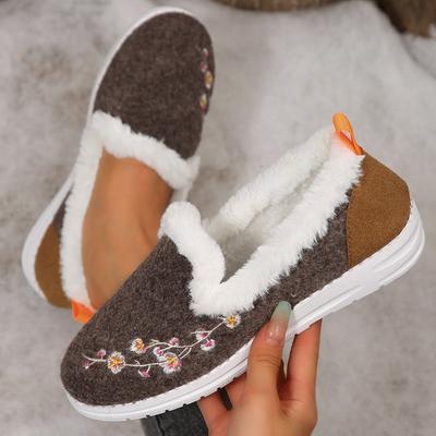 Inverno transfrontaliero taglia grande velluto ricamato scarpe basse singole da donna transfrontaliero scamosciato abbinamento colori ricamato scarpe di cotone con suola piatta
