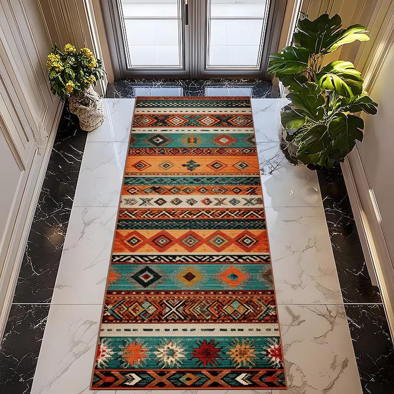 Południowo-zachodni plemienny dywanik biegowy geometryczny wzór rombów dywan ciepły pomarańczowy morski boho wystrój dywany do przedpokoju