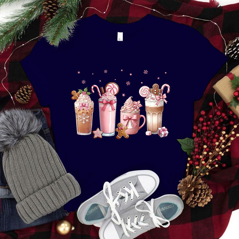Funny Christmas Coffee Print Women Loose Short Sleeve Round Neck Top Female Casual