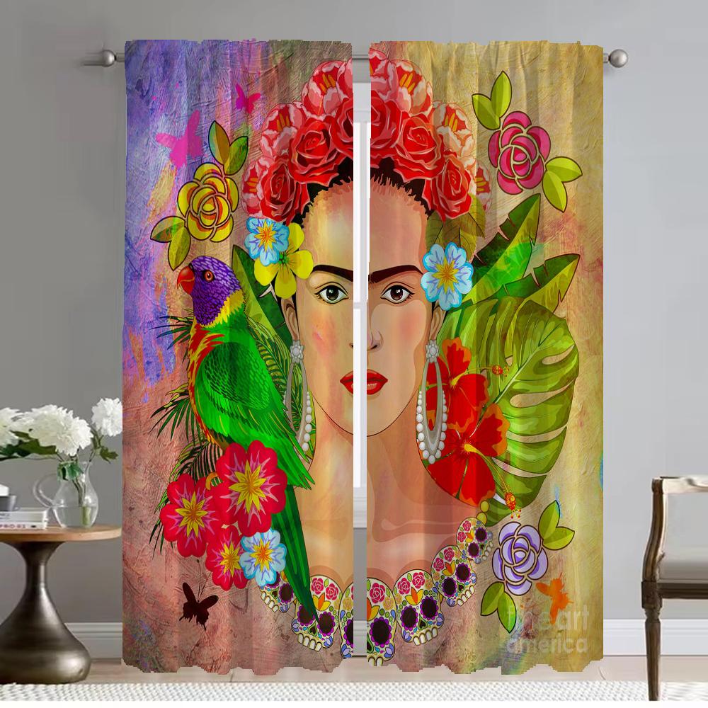 Verdunkelungsvorhang für Zimmer, 2 Paneele, F-kahlo, Küchenvorhänge, Innenvorhänge, Halloween-Dekoration, Trennwand, Jalousien, Wohnzimmer