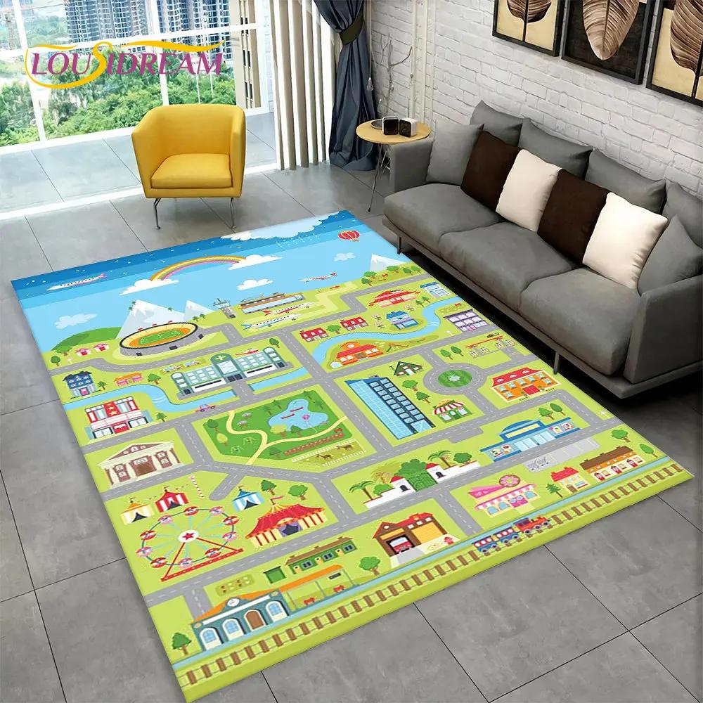 Highway City Traffic Cartoon Area Rug,Carpet Rug for Living Room Playroom Children's Bedroom Decor,Kid Game Non-slip Floor Mat