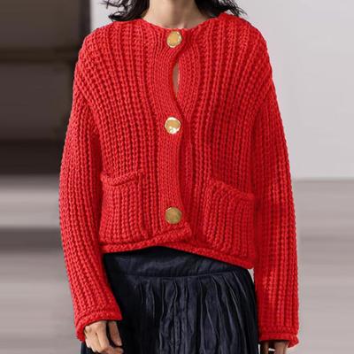 Knit Cropped Cardigan Sweater V-Neck Long Sleeve Buttons Down Loose Fit Sweater Coat with Pockets Solid Color Knitwear