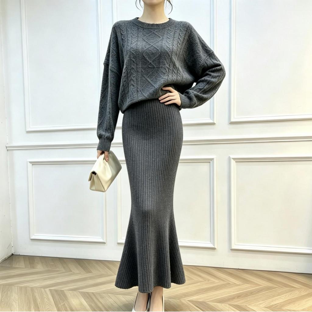 Women's Retro Knit Skirt Set: Fishtail Long Skirt & Pullover (Autumn/Winter 2026)
