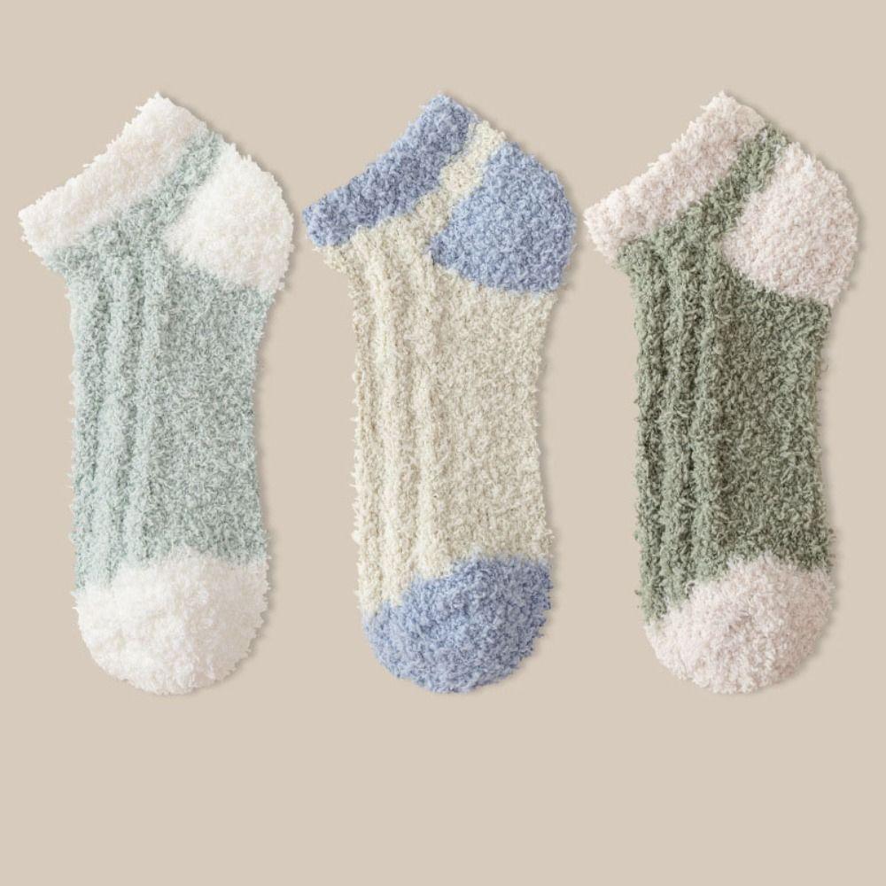 3Pairs Thickened Coral Fleece Socks Patchwork Warm Boat Socks Women Kawaii Floor Plush Socks  Winter