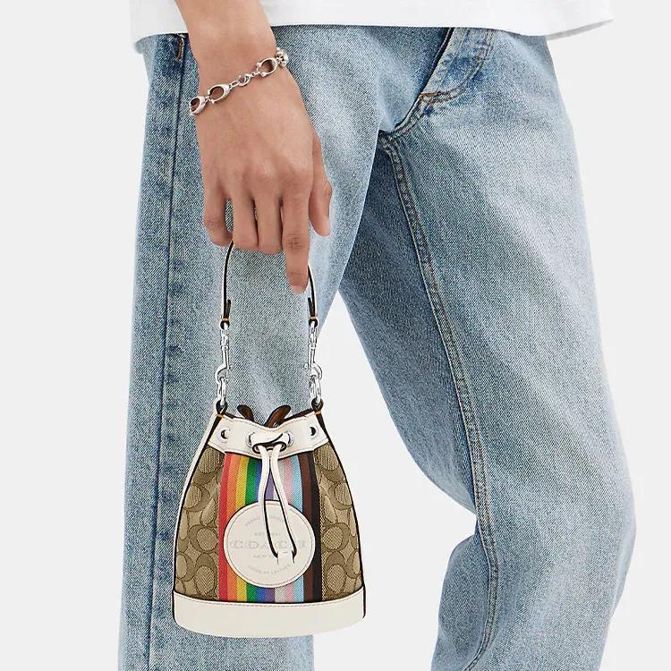 COACH Dempsey Canvas Leather Bucket Bag , Shoulder Bag , Crossbody Bag , Handbag Mini Women's Brown White (Unisex) Handbags CJ661 SVOT8