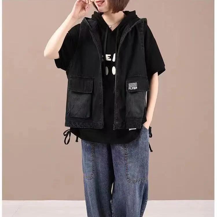 Women's Loose Hooded Literary Sleeveless Vest Spring Casual Washed Denim Jacket