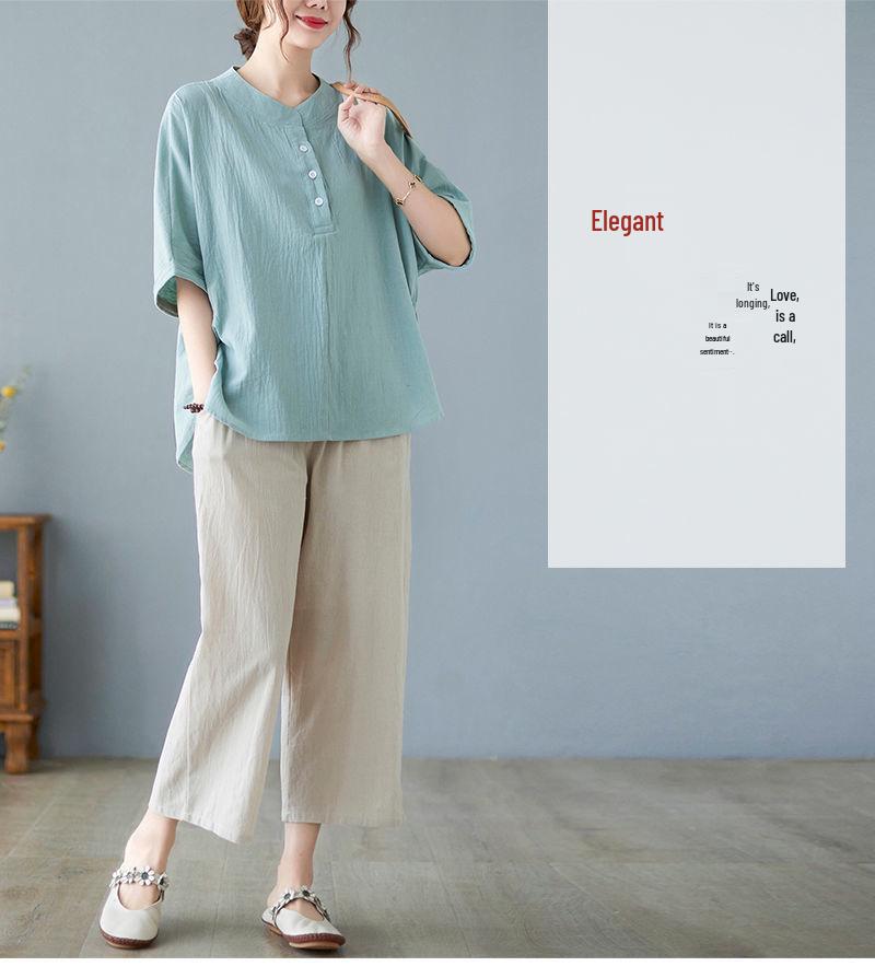Plus Size Summer Cotton Linen Clothing Set: Short-Sleeved T-shirt Top Two-Piece for Mid-Aged and Elderly Women