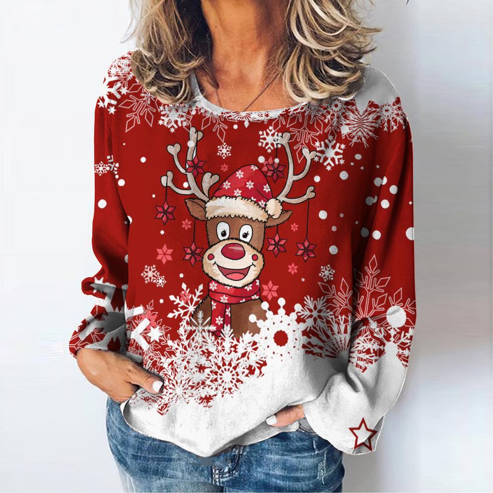 Christmas Women's T-shirt Autumn O-neck Sweater Snowman Print Long Sleeve Female Harajuku Streetwear Oversized Clothing For Lady
