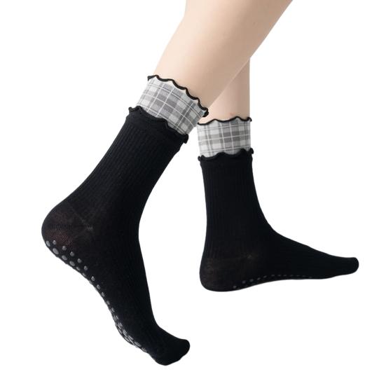 1 Pair Yoga Socks with Non-slip Gripper Double Ruffled Plaid Cuff Mid-calf Socks Women Ballet Dance Pilates Cotton Crew Socks