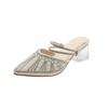 New spring and summer fashion rhinestone pearl pointed high heels cool slippers versatile outer thick heel half drag women's shoes