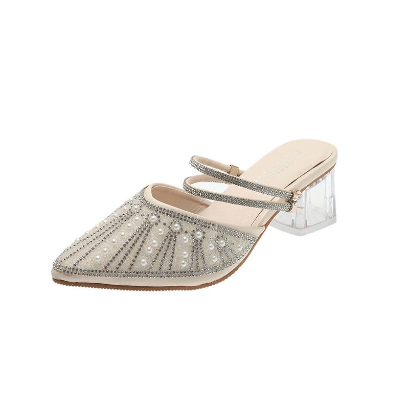 New Spring and Summer Fashion Rhinestone Pearl Pointed High Heels Cool Slippers Versatile Outer Thick Heel Half Drag Women's Shoes