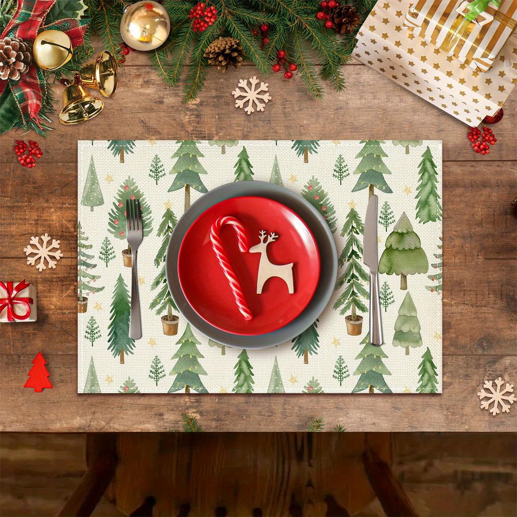 4/ 6pcs Polka-Dot Potted Pine Tree Star Christmas Placemats, 12x18 Inch Washable Table Mats for Kitchen Dining Home Party Decor