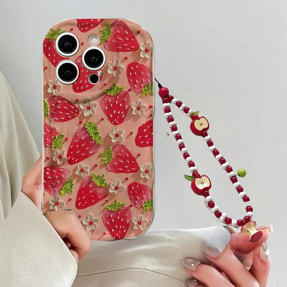 Strawberry Fruit Wrist Chain Phone Case For Motorola Moto Edge 50 Fusion Pro Ultra G84 G14 G75 G35 G05 G15 G22 G24 G54 G34 E13