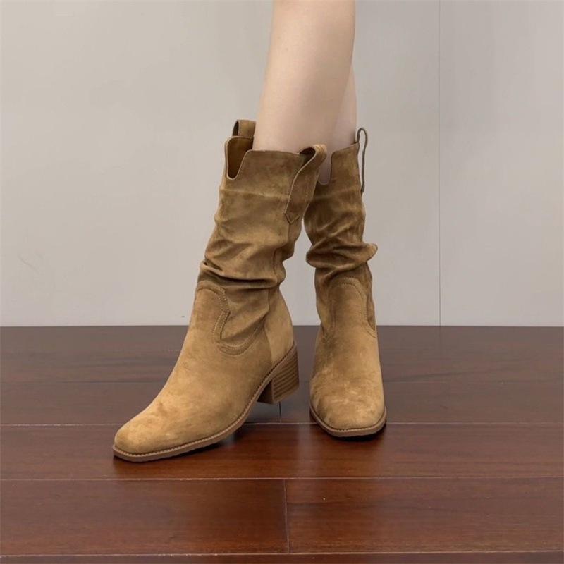 New Inner Height Increased Frosted Leather Martin Boots Autumn and Winter Retro Stacking Boots Khaki Thick Heel Cowboy Boots