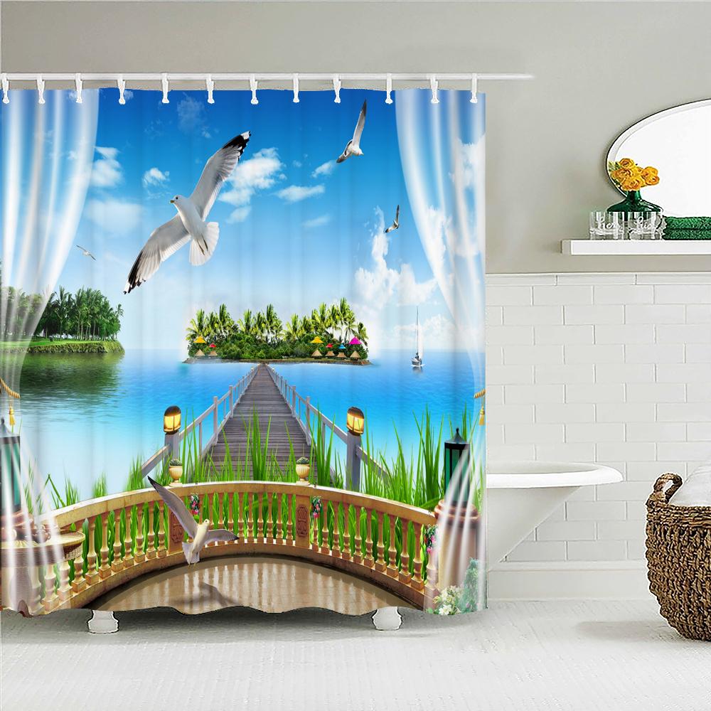 Outside the Window Seaside Scenic Beach Shower Curtains Bathroom Curtain Frabic Waterproof Bath Curtains for Bathroom 180x180cm