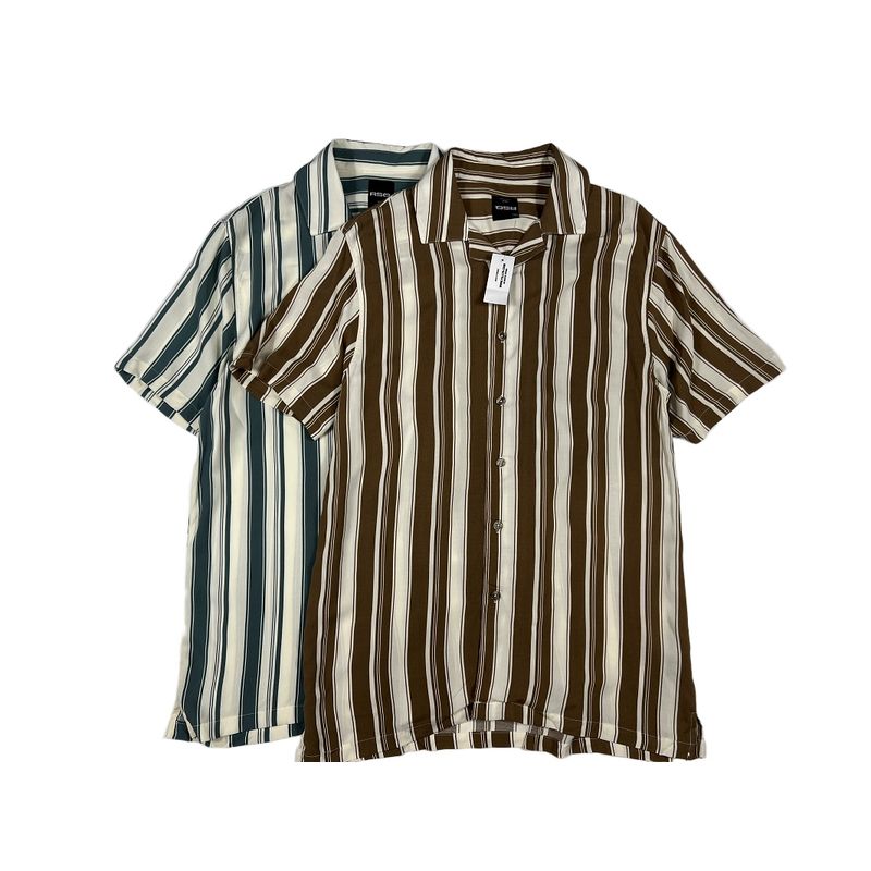 European and American Single Men Summer Rayon Stripes Shirt American Casual Loose Plaid Couple Short Sleeve Vintage Shirt