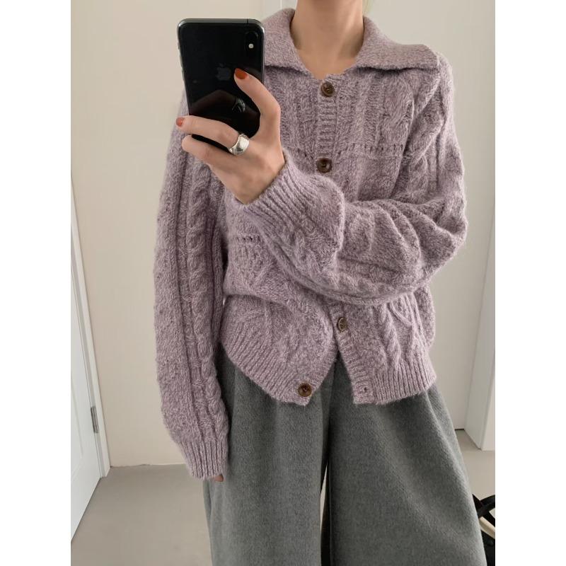 Retro Lapel Twist Knitted Cardigan Women's Clothing Autumn and Winter New Soft Waxy Loose Lazy Sweater Jacket