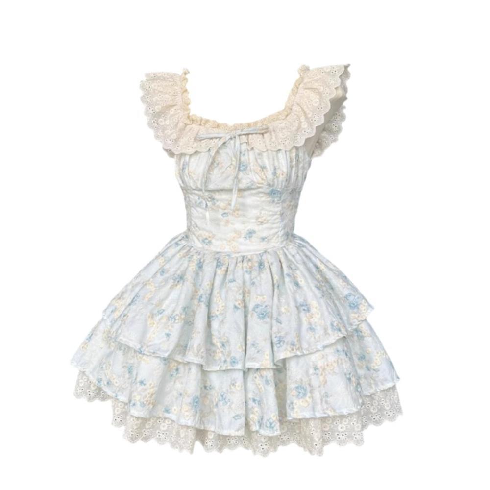 Summer French Gentle Wind Sweet and Unique Beautiful Floral Suspender Dress Waist Puffy Skirt Super Beautiful French