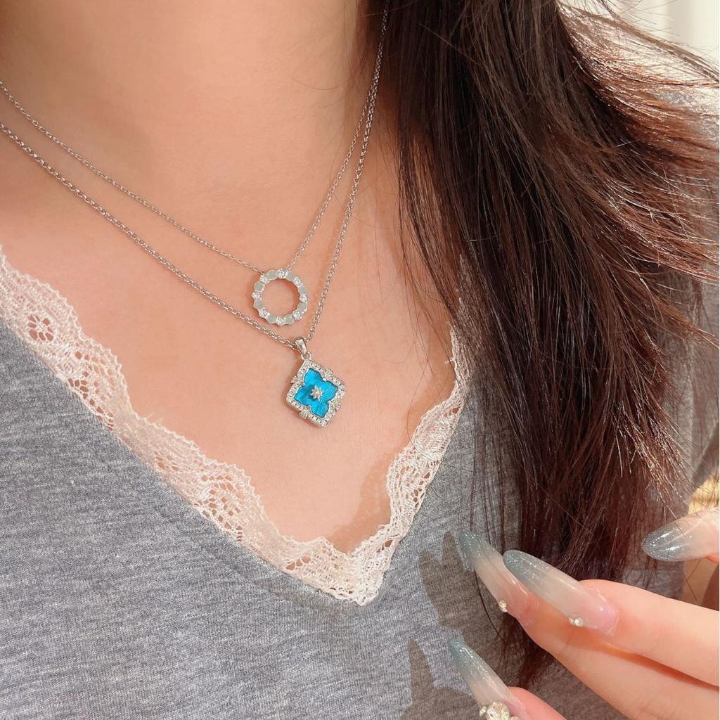 Italienisches Gebürstetes Wasserwellen Blaues Halsketten Armband Set Vielseitige Retro Hof Vierblättriges Kleeblatt Ohrringe