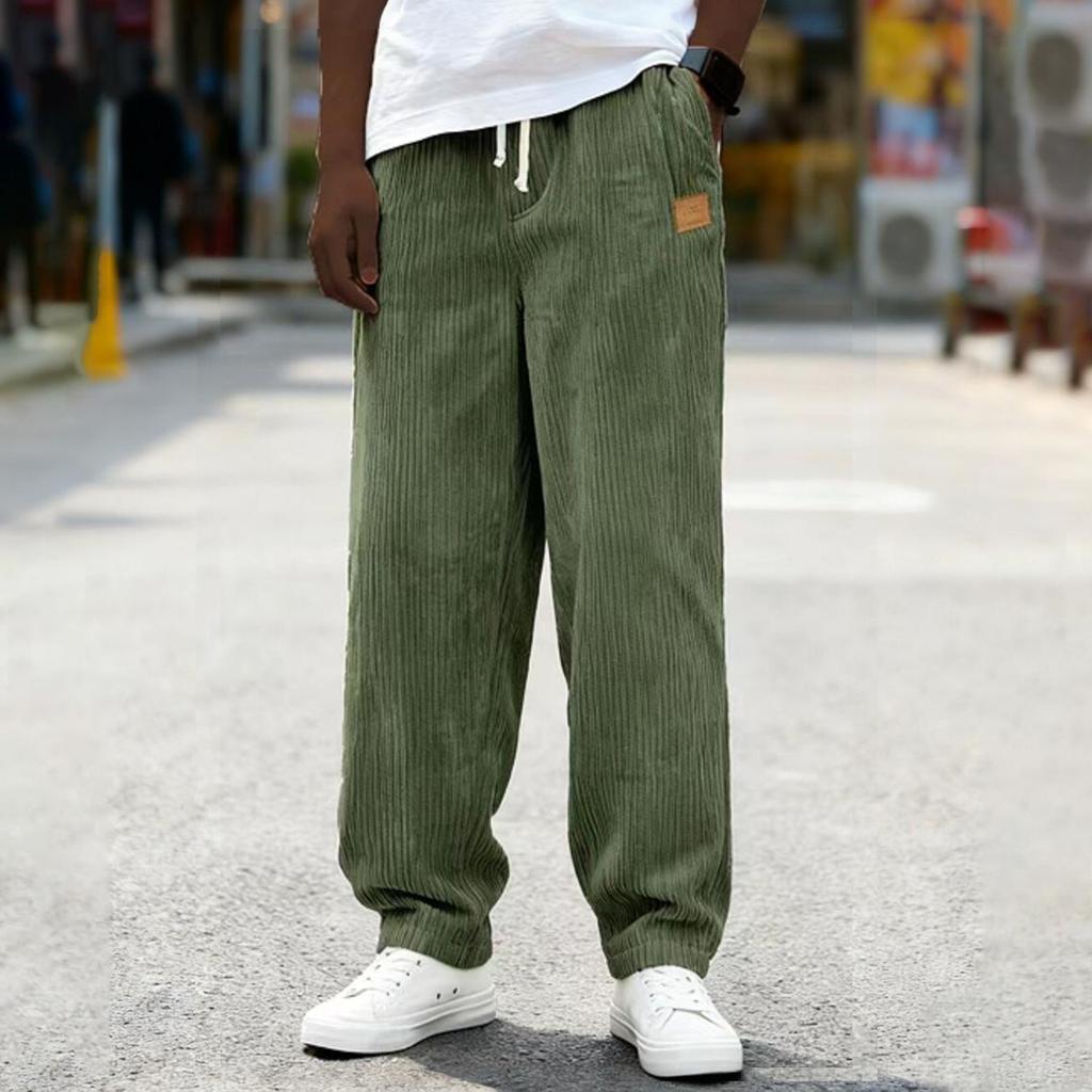 Men Loose Fit Drawstring Waist Corduroy Trousers Casual Straight Leg Pants with Pockets for Everyday Wear