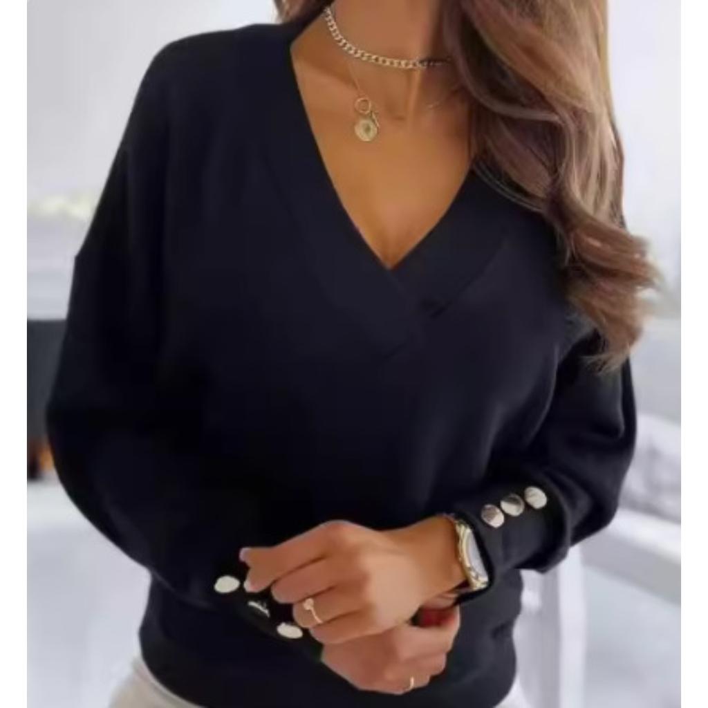 Women's V Neck Long Sleeve Loose Fit Knit Top Casual Solid Color Pullover Sweater