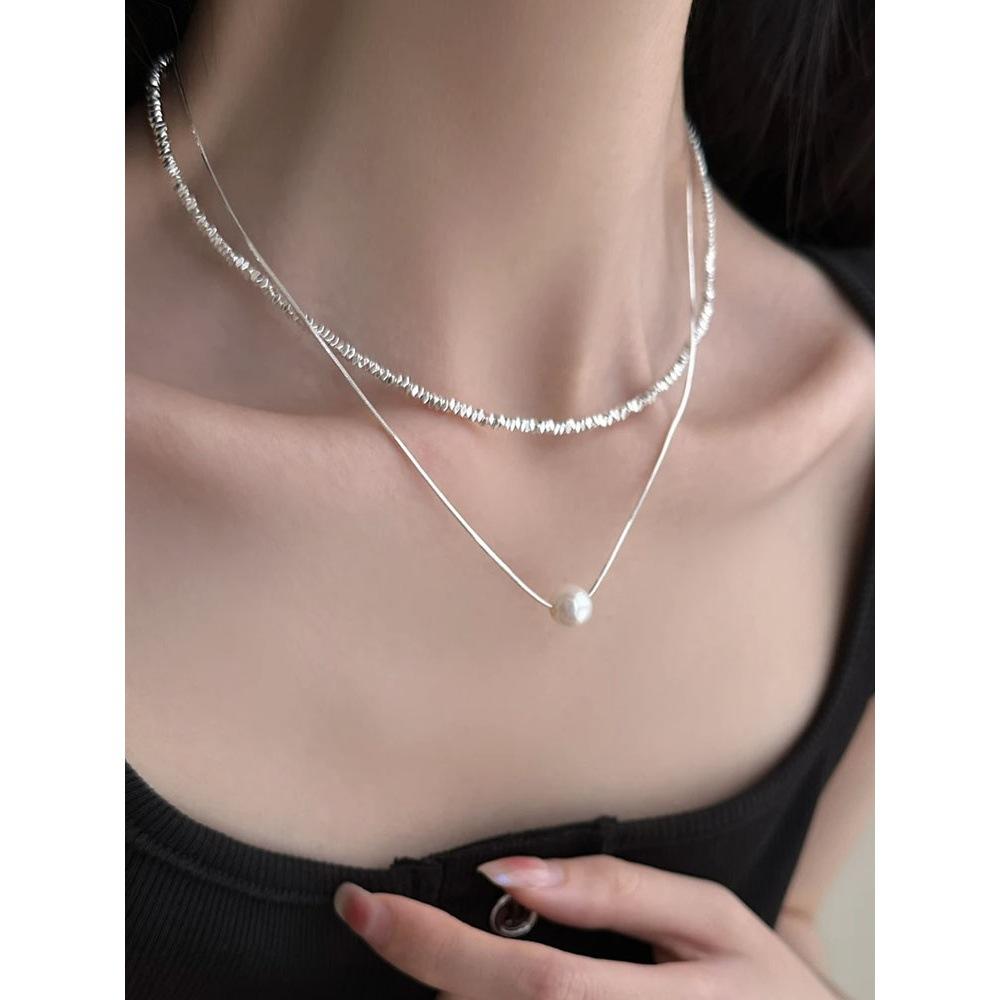 Silver-dusted Freshwater Pearl Double-layered Layered Necklace, Collar Chain, Elegant and Cool Style Neck Chain