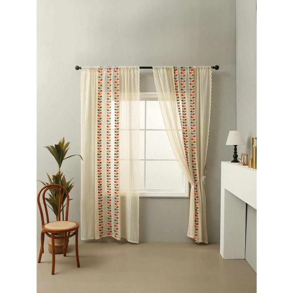 Khakifarbene vierfarbig bestickte Blättervorhänge, Wohnzimmervorhänge im Landhausstil, einteiliges Set