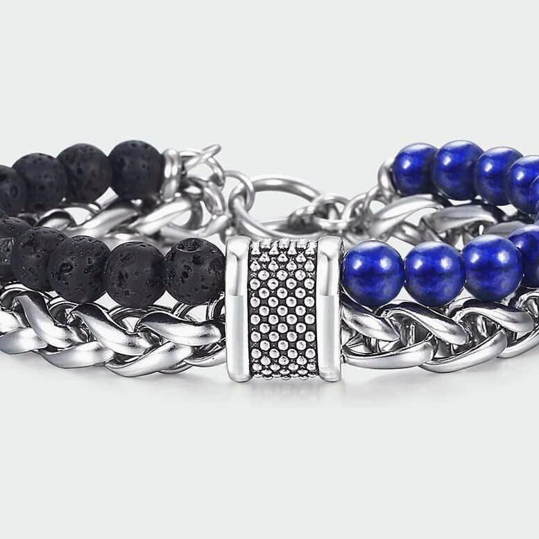 Double Layers Stone Beaded Bracelet Men's Bracelet Lava Lapis Lazuli Beaded Stainless Steel Link Chain Bangle