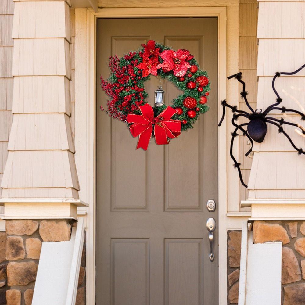Artificial Berry Garden Wreath With Lamp Bow Ball Big Red Flower Christmas Wreath Fireplace