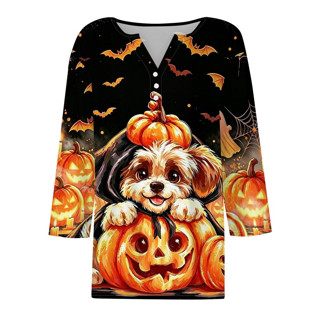 Women's Casual Halloween Print V-Neck Button Three-Quarter Sleeve Pullover T-Shirt