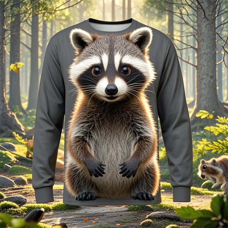 3D Print Cute Raccoon Graphic T-Shirt For Men Funny Animal Pattern Long Sleeve O-Neck Tees Loose Breathable Comfortable Man Tops