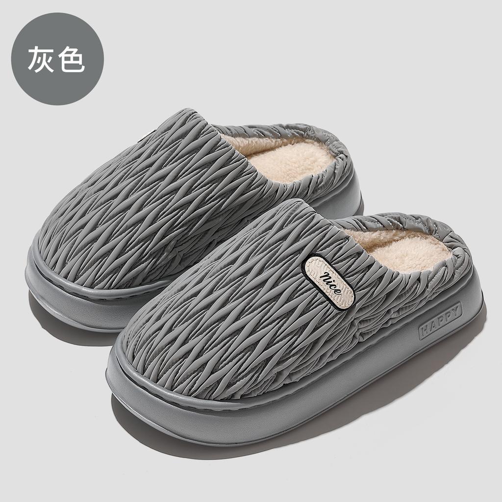 pu waterproof cotton slippers autumn and winter new couple home indoor thick plush warm soft bottom cotton mop